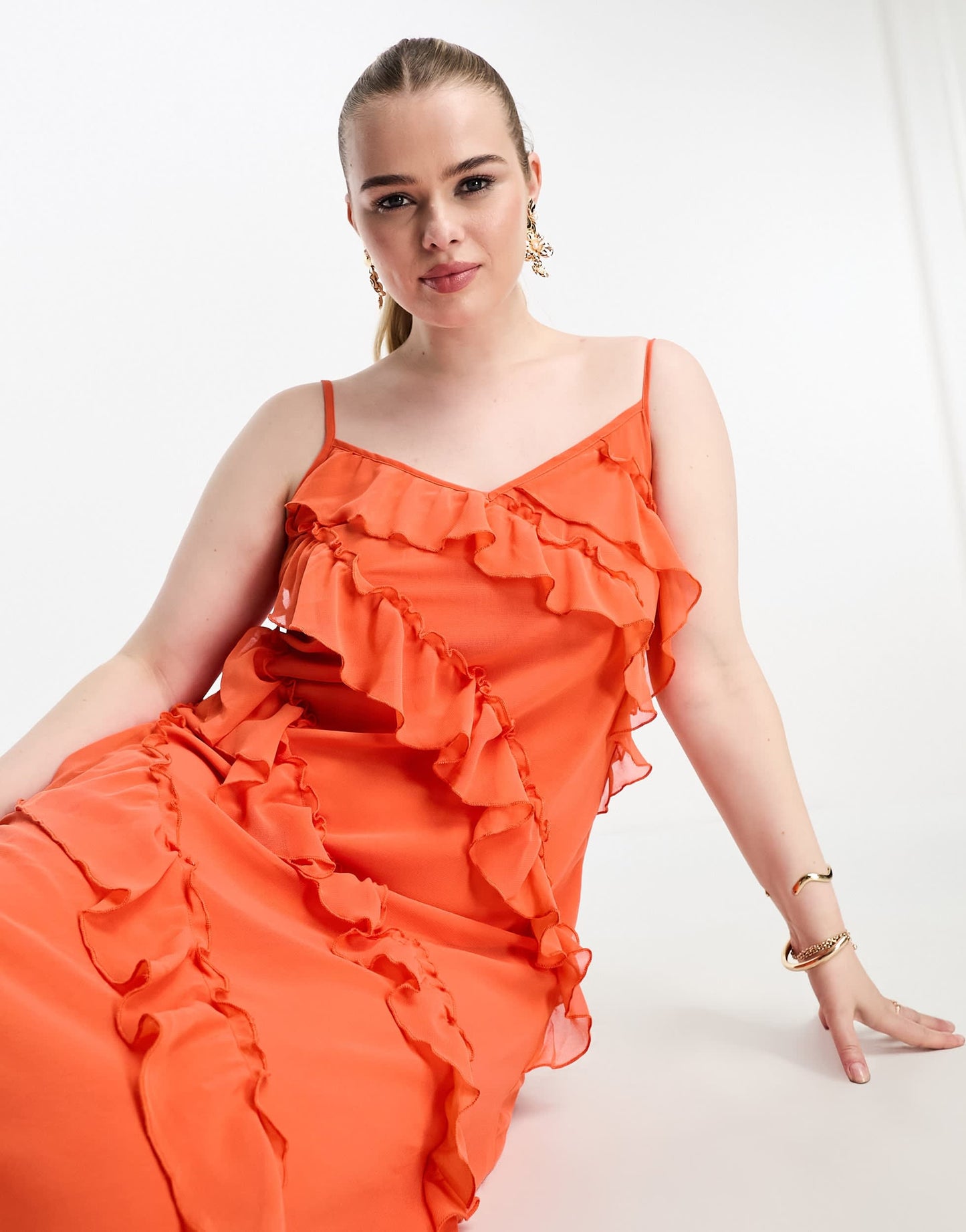 Vila Curve frill detail maxi cami dress in orange