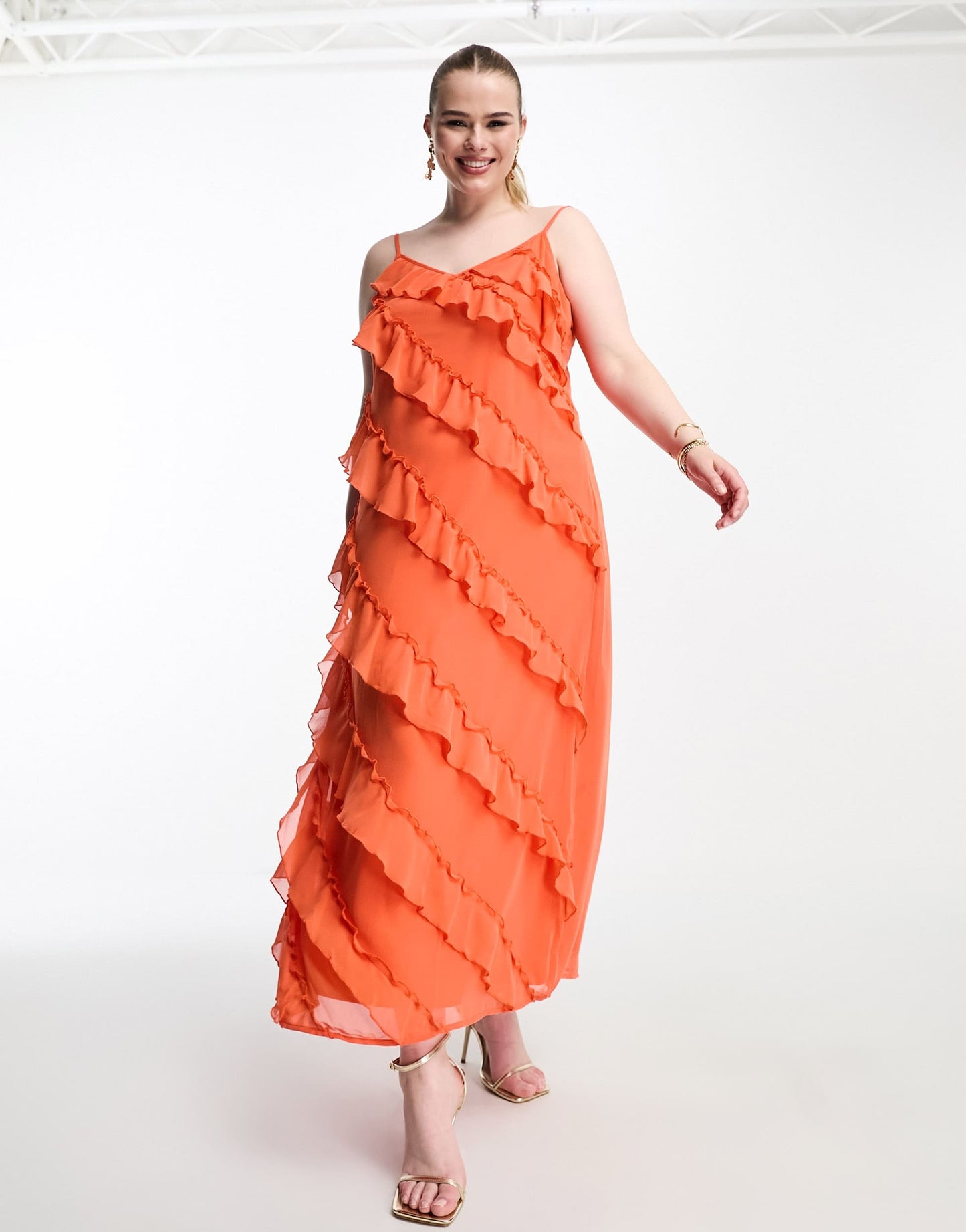Vila Curve frill detail maxi cami dress in orange