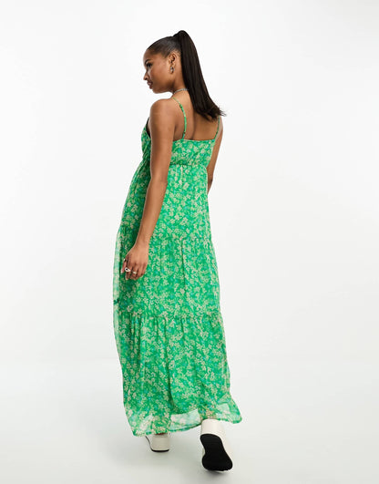 Vero Moda Petite tie front cami maxi dress in green florals