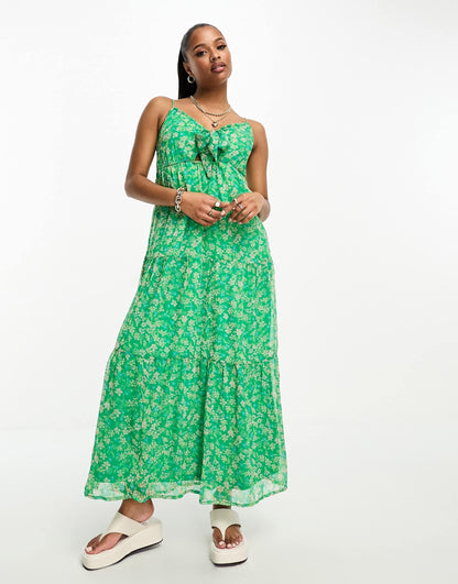 Vero Moda Petite tie front cami maxi dress in green florals