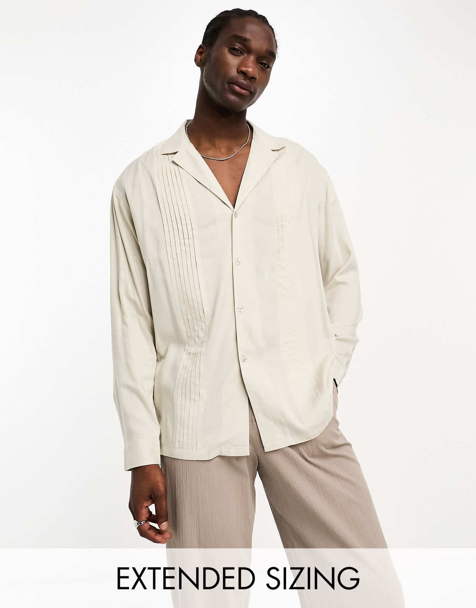 ASOS DESIGN 90's oversized deep revere viscose shirt with pleated front in stone