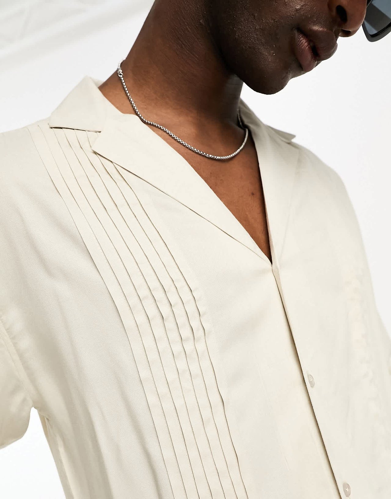 ASOS DESIGN 90's oversized deep revere viscose shirt with pleated front in stone