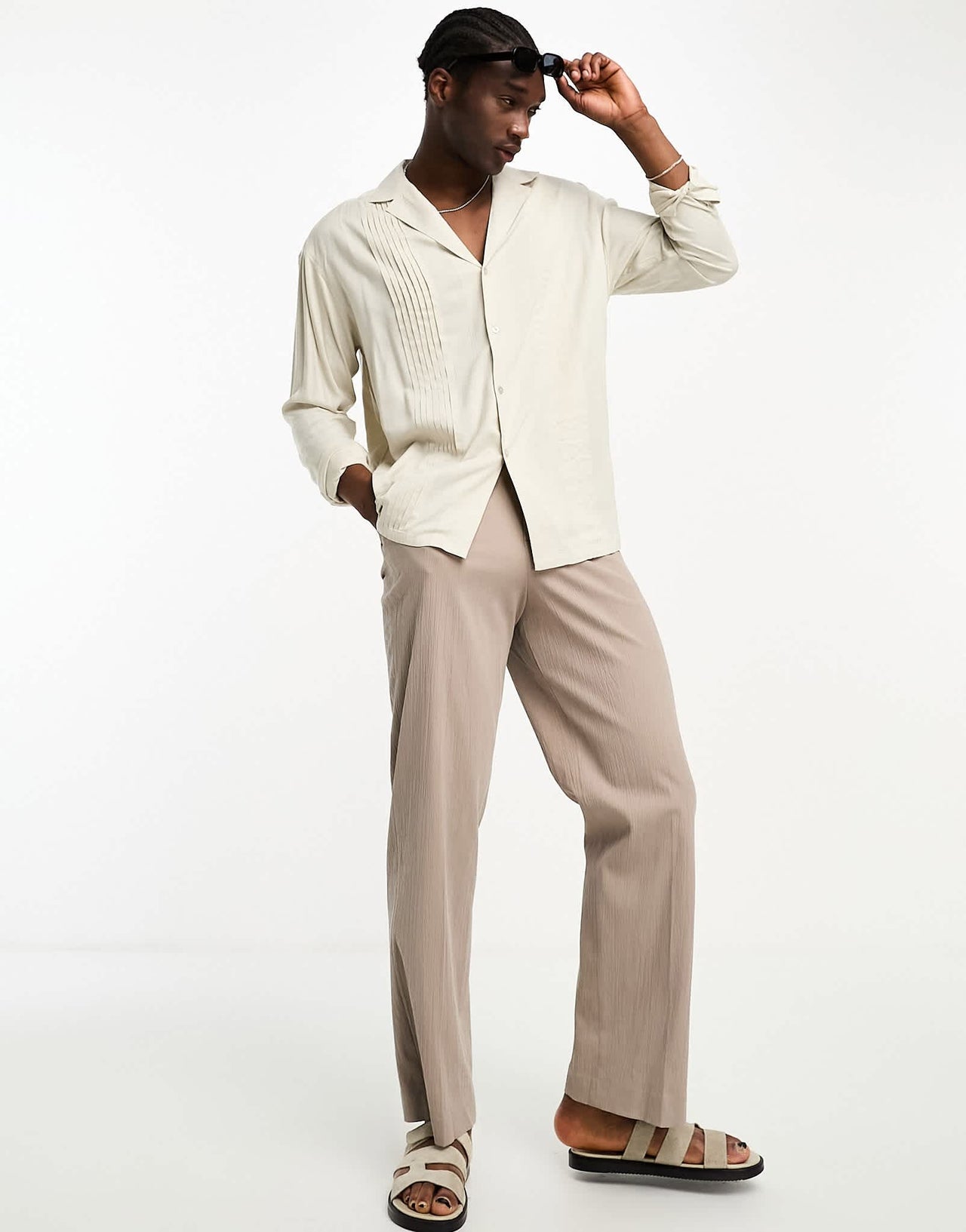 ASOS DESIGN 90's oversized deep revere viscose shirt with pleated front in stone