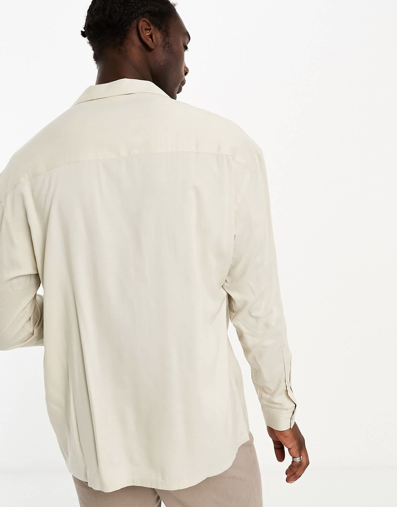 ASOS DESIGN 90's oversized deep revere viscose shirt with pleated front in stone