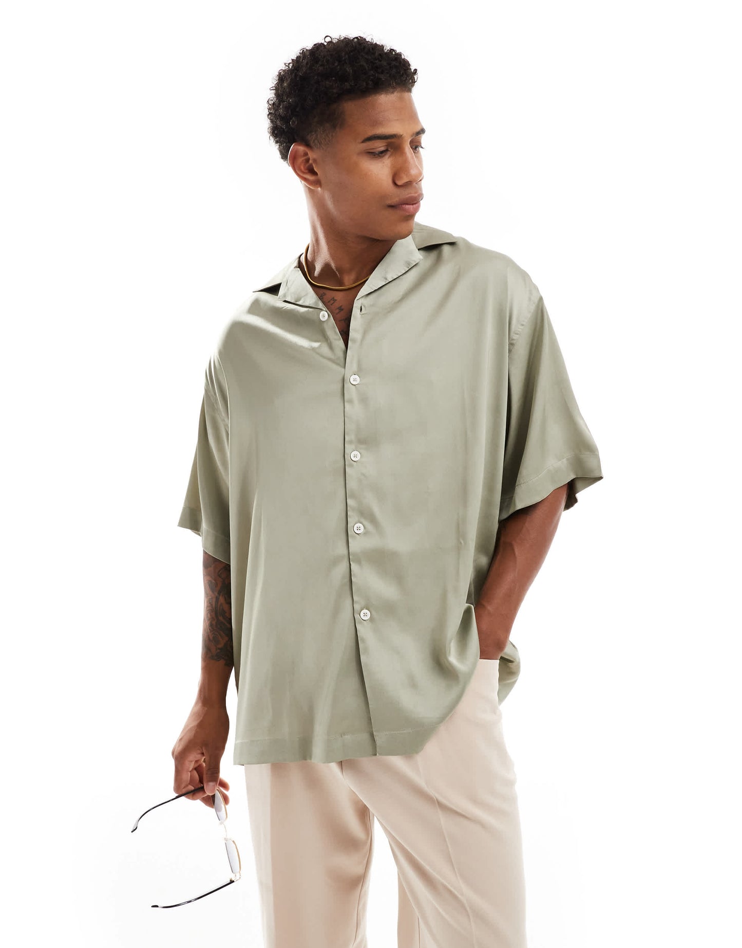 ASOS DESIGN oversized satin shirt sage green