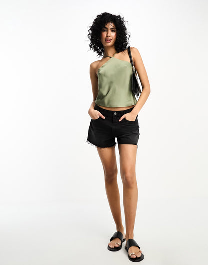 Vila satin halterneck cami top in olive green