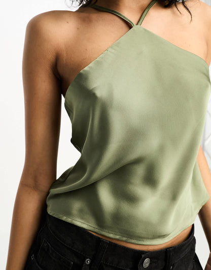 Vila satin halterneck cami top in olive green