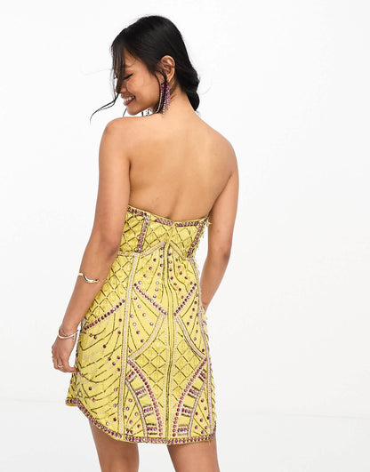 ASOS DESIGN embellished structured plunge mini dress with curve hem in yellow