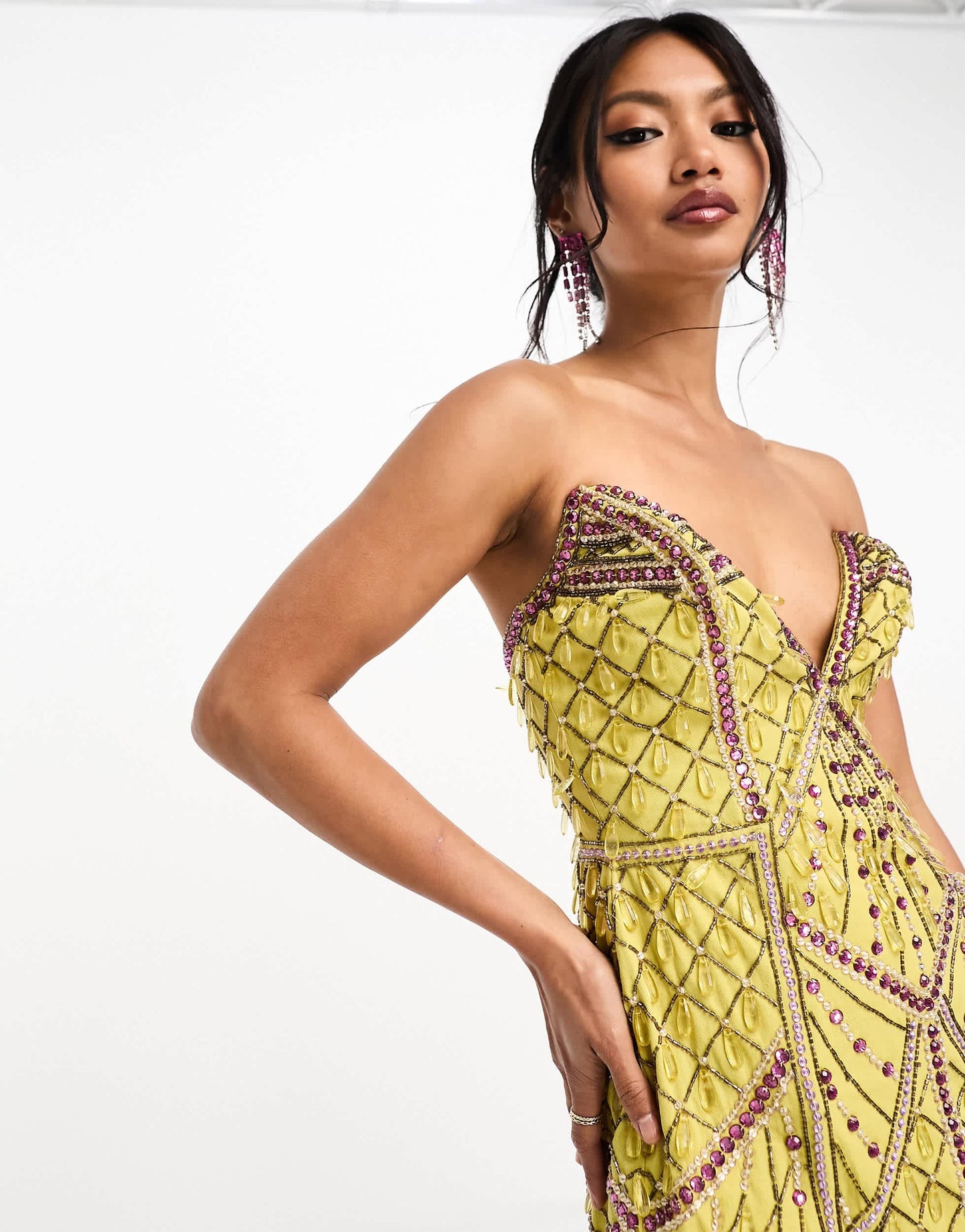 ASOS DESIGN embellished structured plunge mini dress with curve hem in yellow