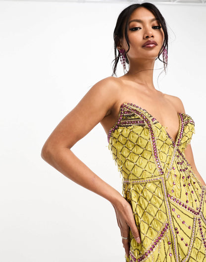 ASOS DESIGN embellished structured plunge mini dress with curve hem in yellow