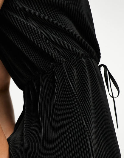Threadbare Tall wrap front plisse playsuit in black