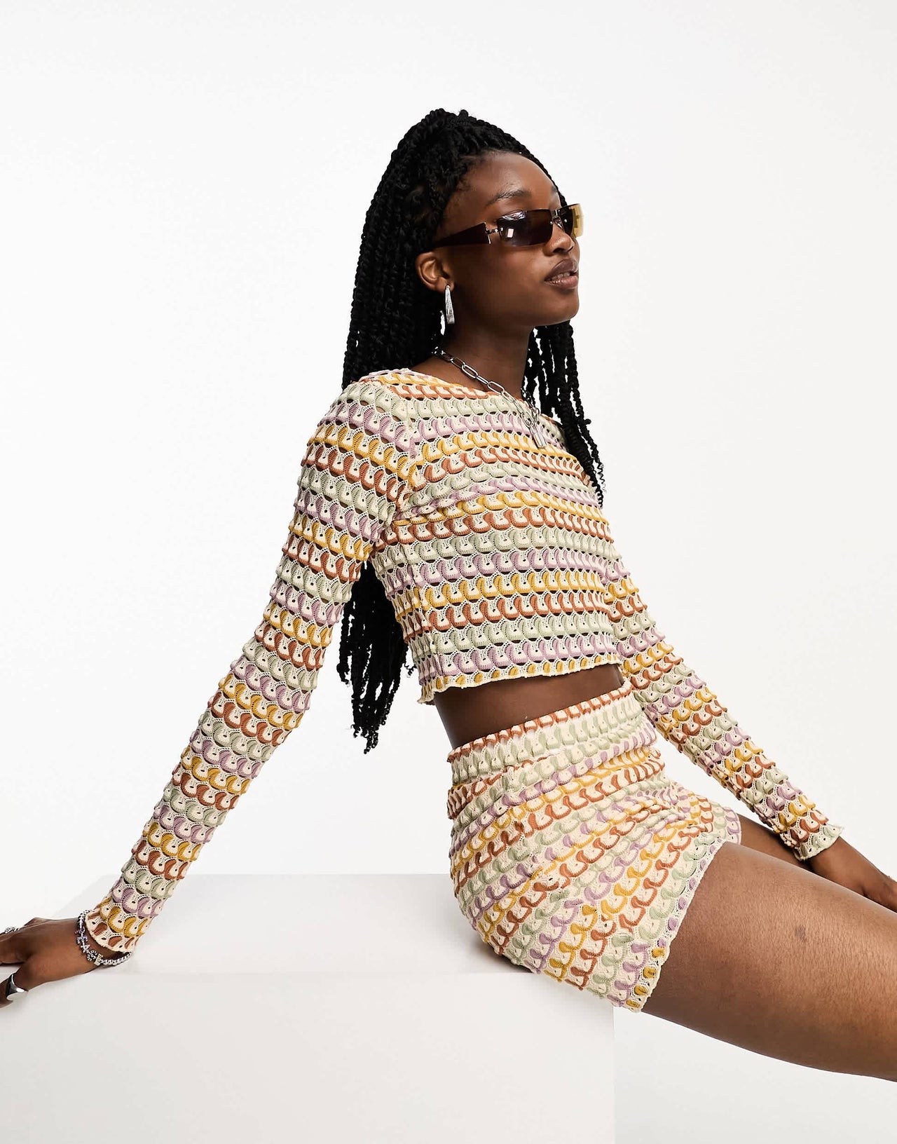 Fire & Glory long sleeve crochet effect crop top co-ord in bright multi