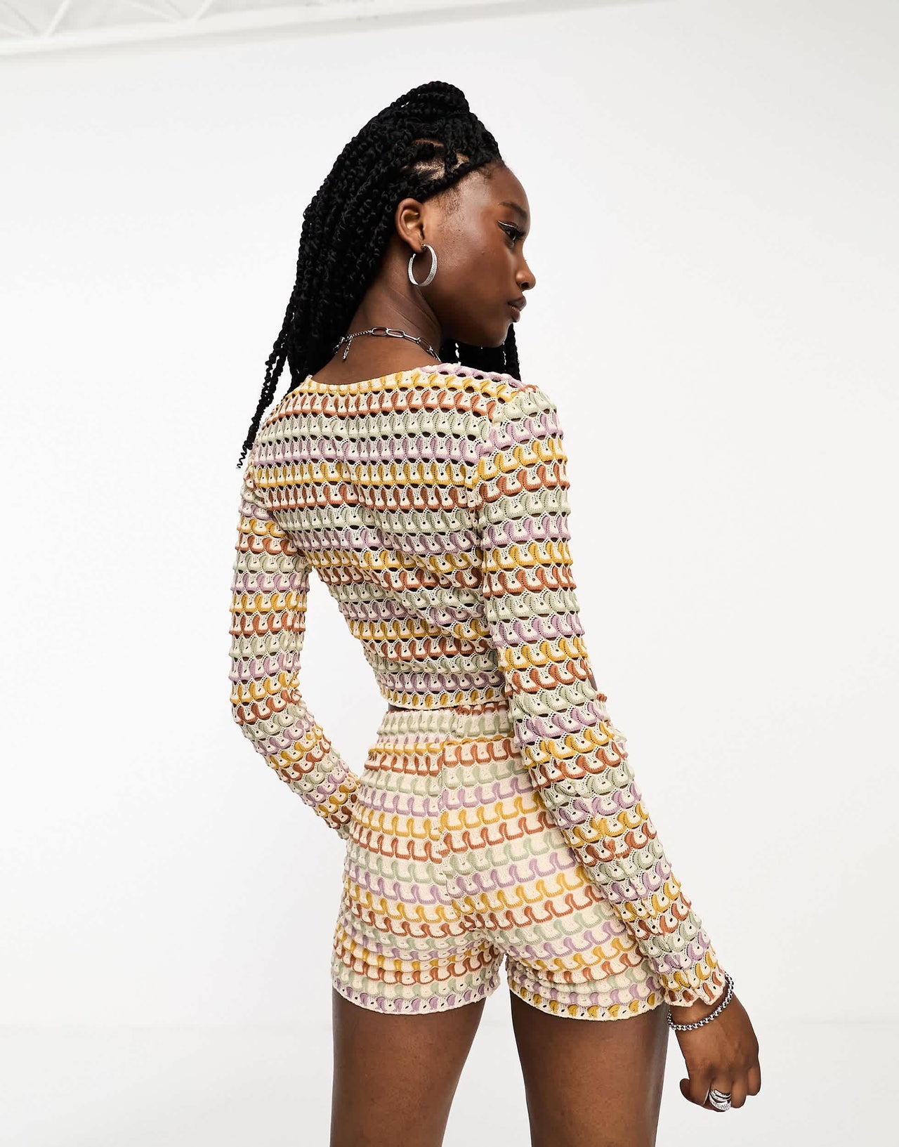 Fire & Glory long sleeve crochet effect crop top co-ord in bright multi