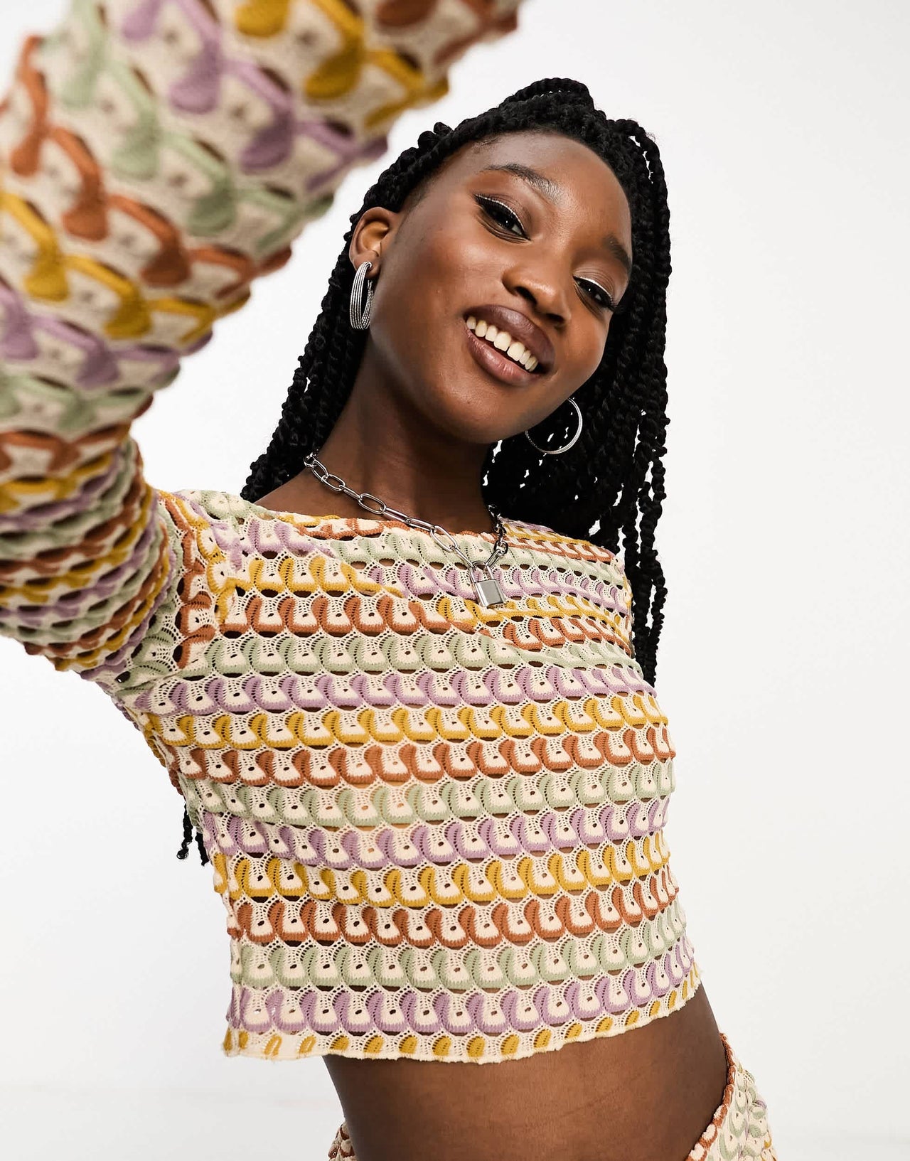 Fire & Glory long sleeve crochet effect crop top co-ord in bright multi