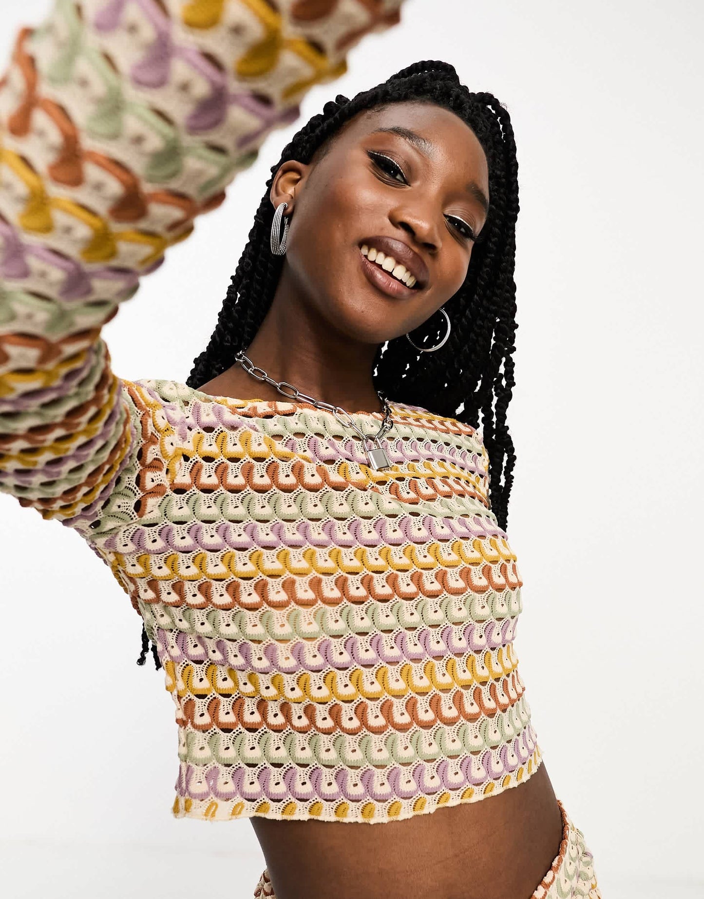 Fire & Glory long sleeve crochet effect crop top co-ord in bright multi