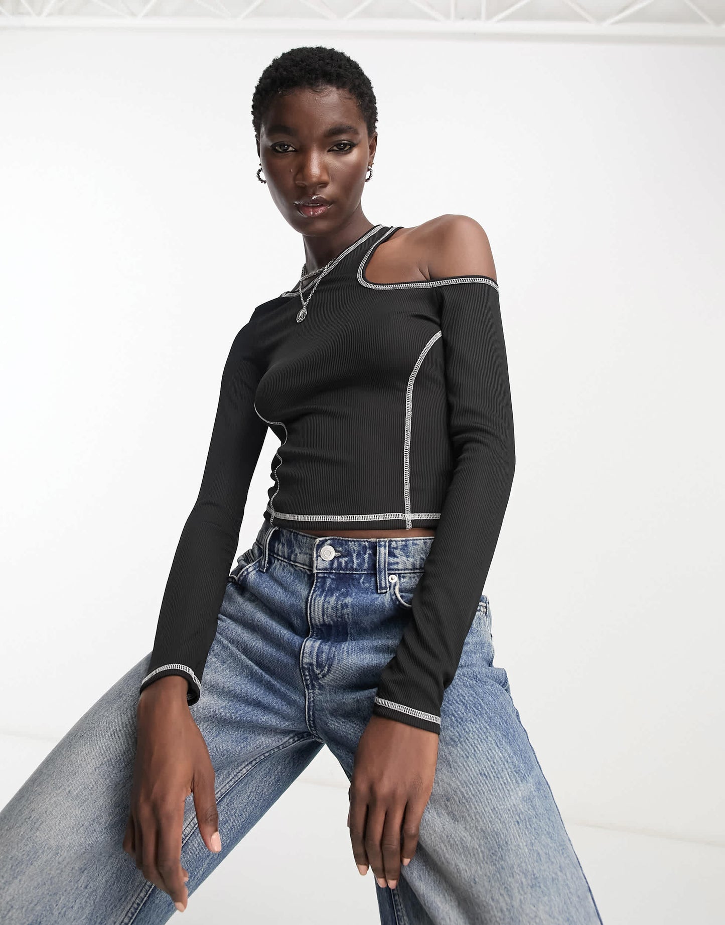Bershka long sleeve asymmetric contrast stitching top in Black
