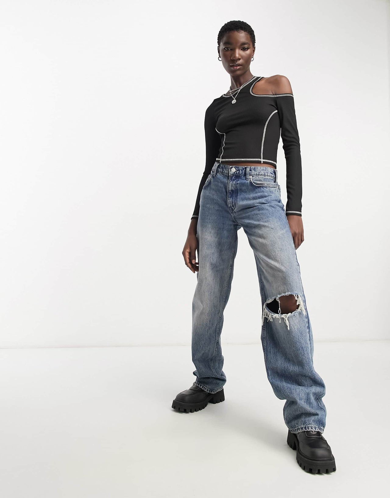 Bershka long sleeve asymmetric contrast stitching top in Black