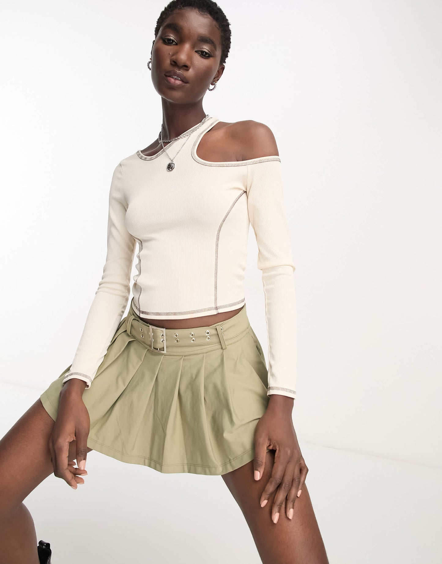 Bershka long sleeve asymmetric contrast stitching top in Ecru
