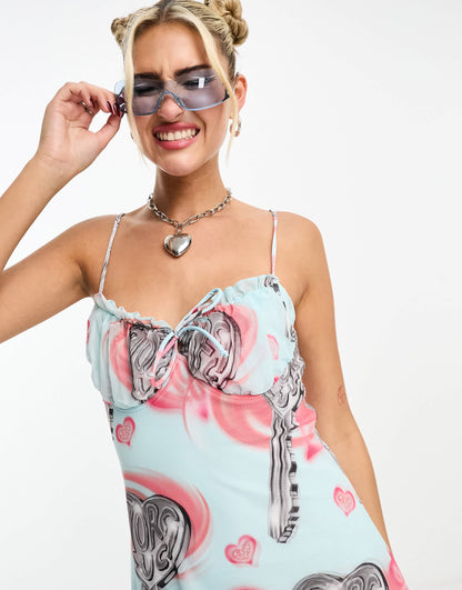 Fiorucci balconette mesh mini dress with love key graphic in light blue