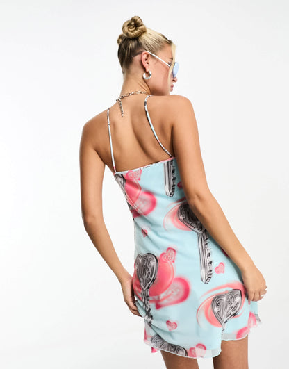 Fiorucci balconette mesh mini dress with love key graphic in light blue