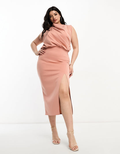ASOS DESIGN Curve high neck draped blouson waisted midi dress in camel brown