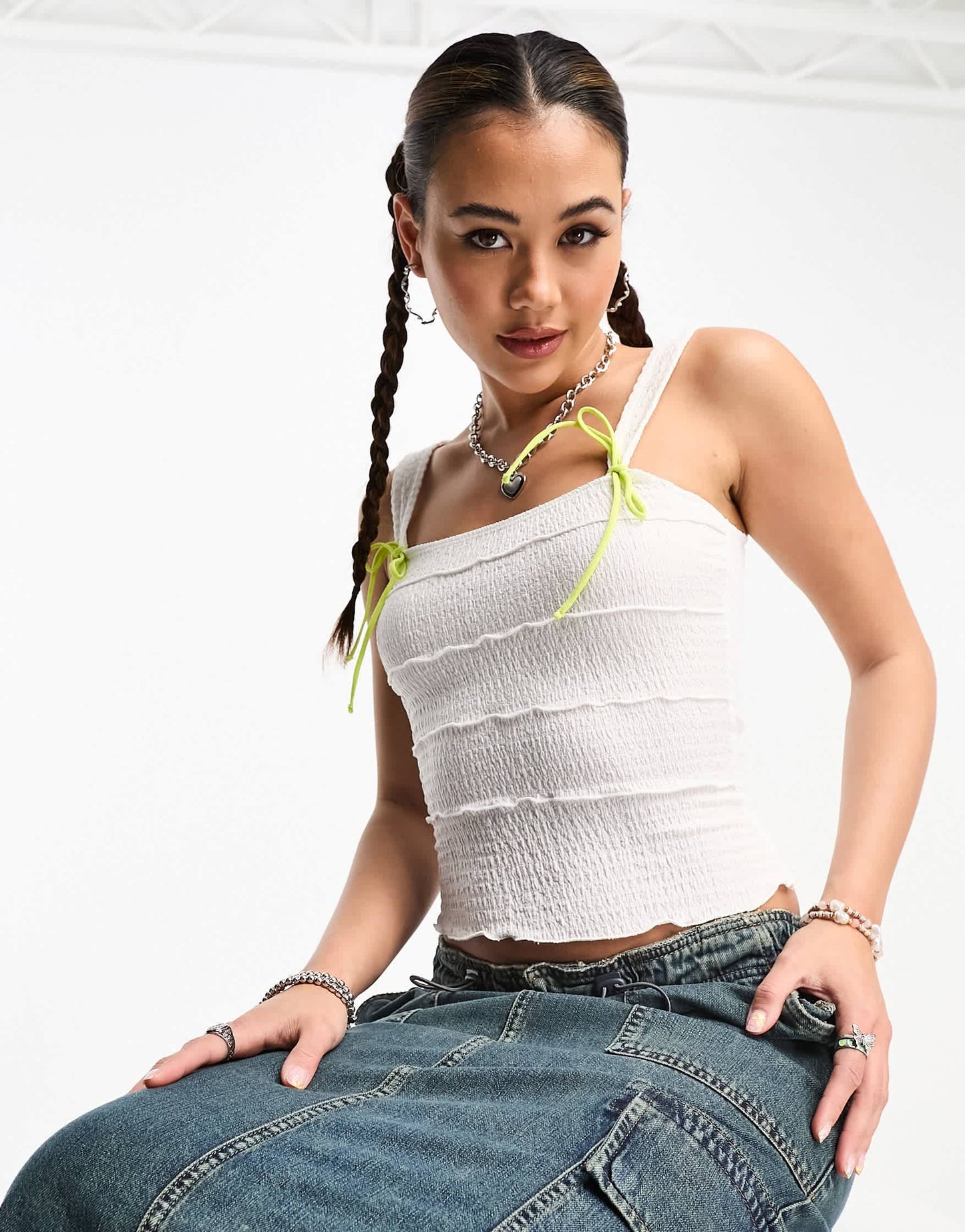 COLLUSION textured tie detail top in white