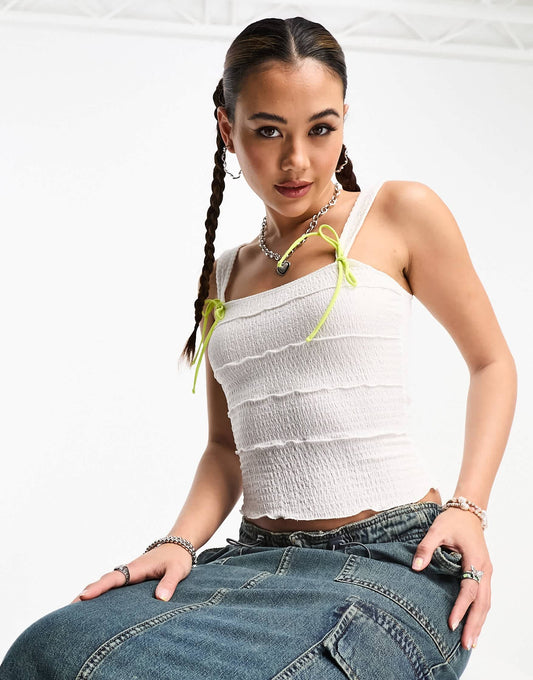 COLLUSION textured tie detail top in white