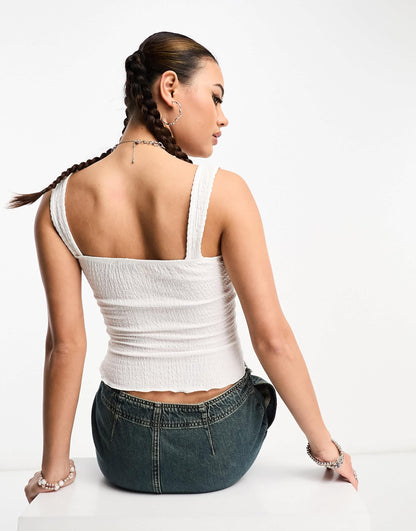 COLLUSION textured tie detail top in white