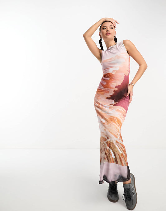 COLLUSION photopgraphic print  slash neck vest maxi dress in multi
