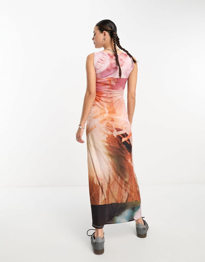 COLLUSION photopgraphic print  slash neck vest maxi dress in multi