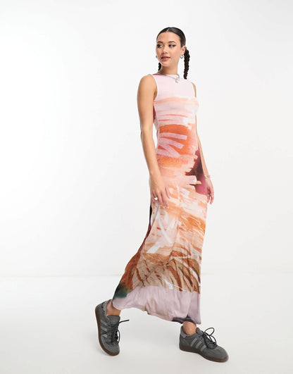 COLLUSION photopgraphic print  slash neck vest maxi dress in multi