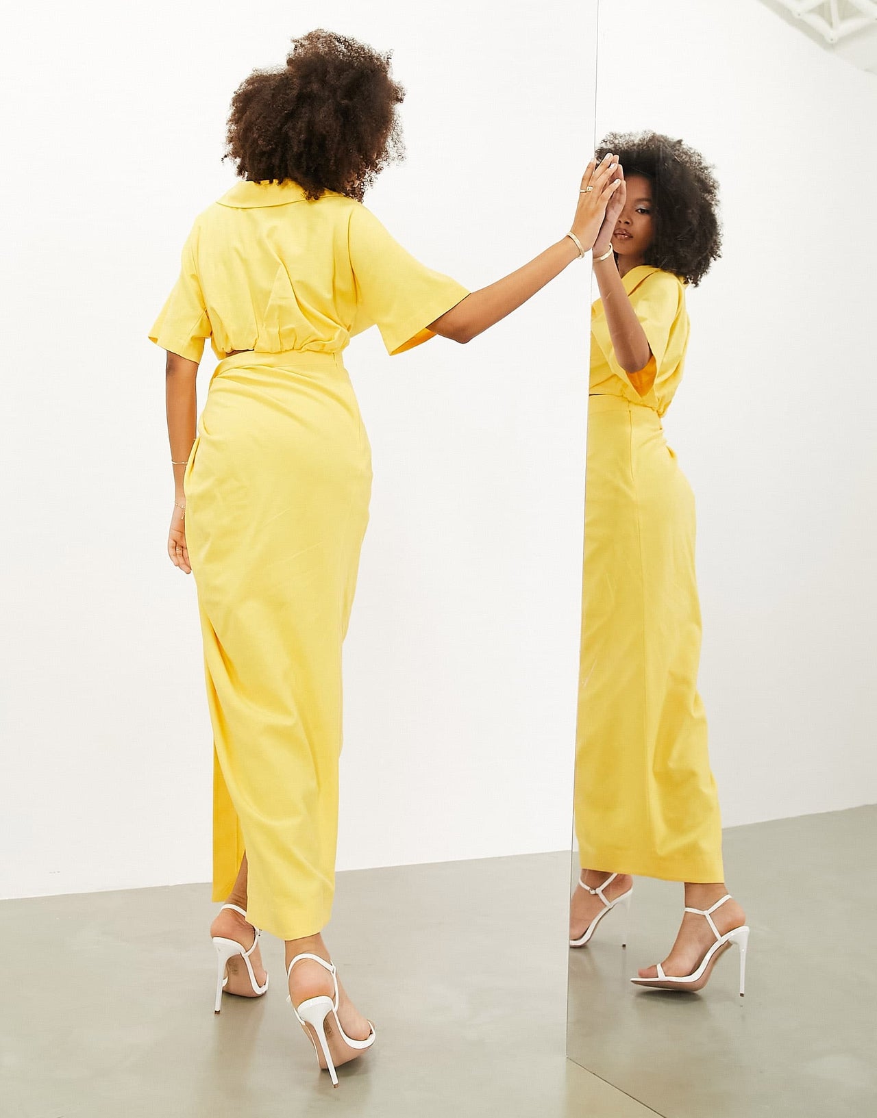 ASOS EDITION linen ruched detail maxi skirt in yellow