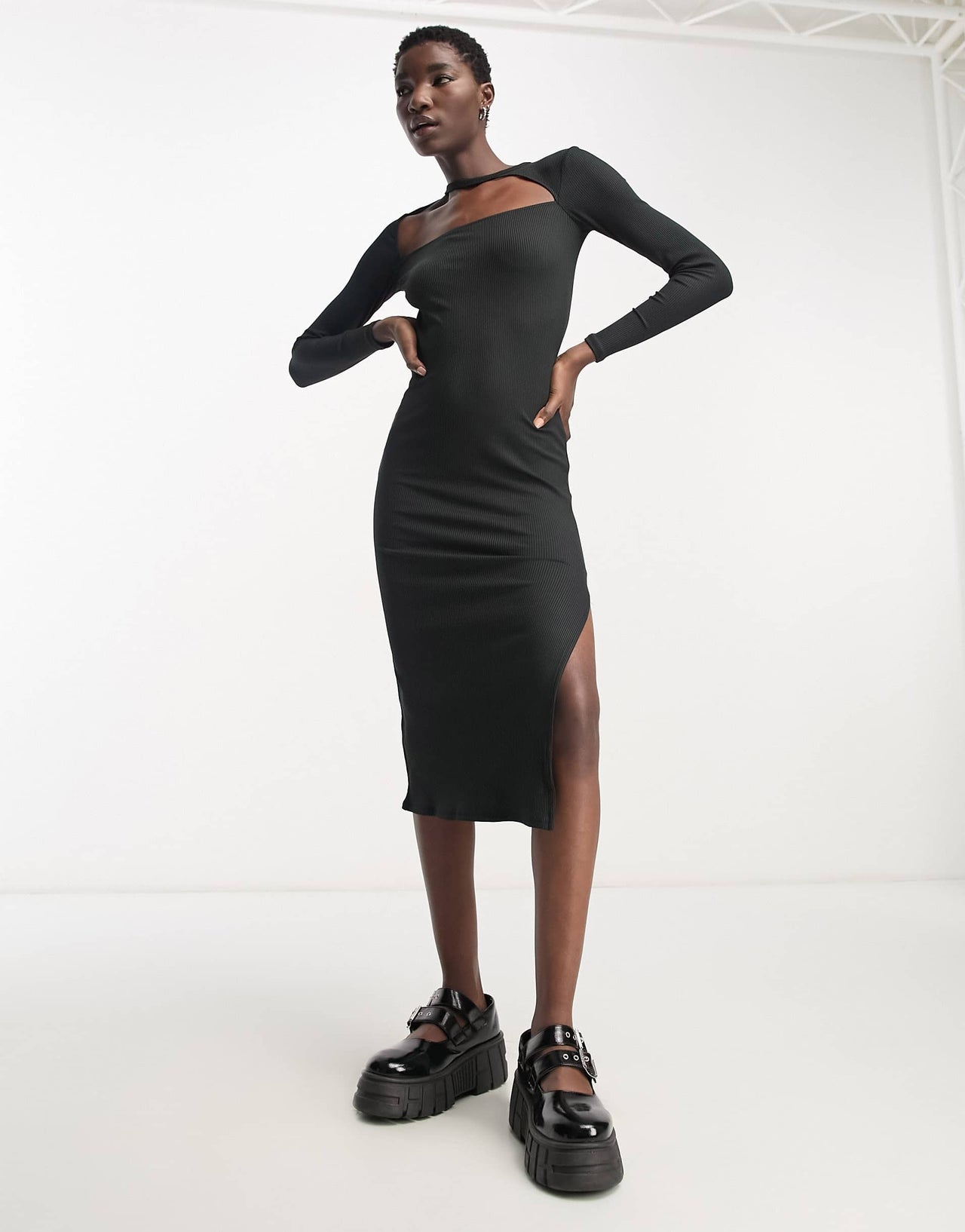 Bershka cut out neck ribbed bodycon midi dress in black