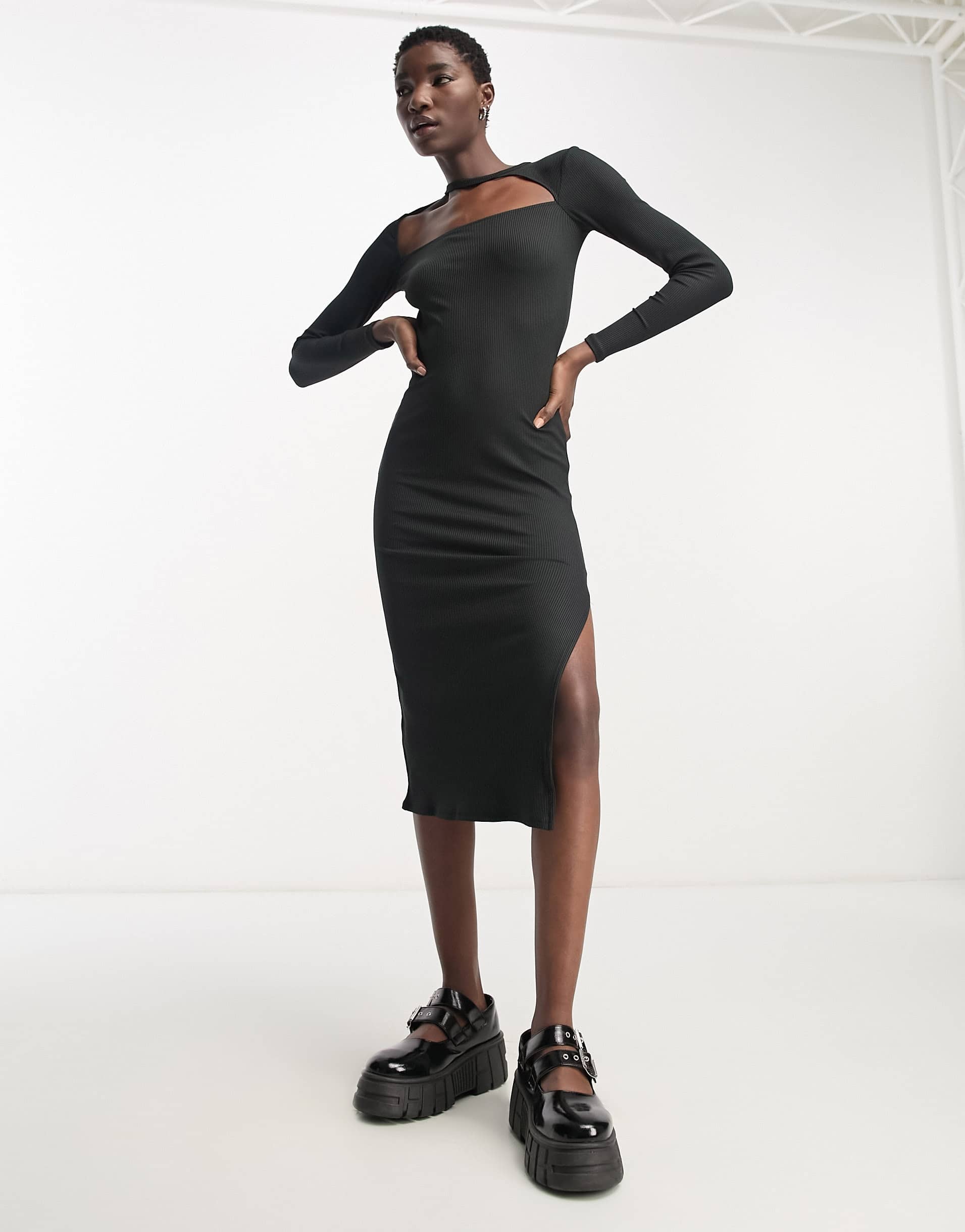Bershka cut out neck ribbed bodycon midi dress in black