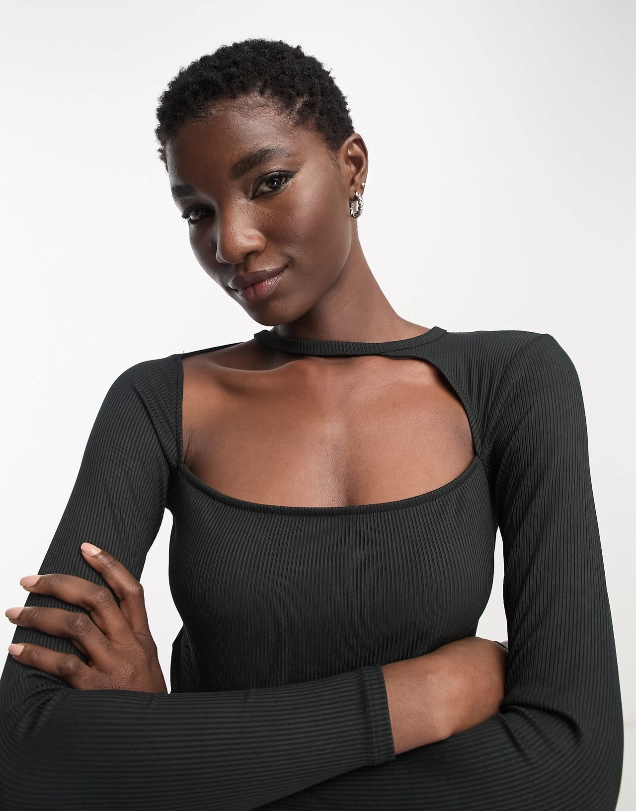 Bershka cut out neck ribbed bodycon midi dress in black