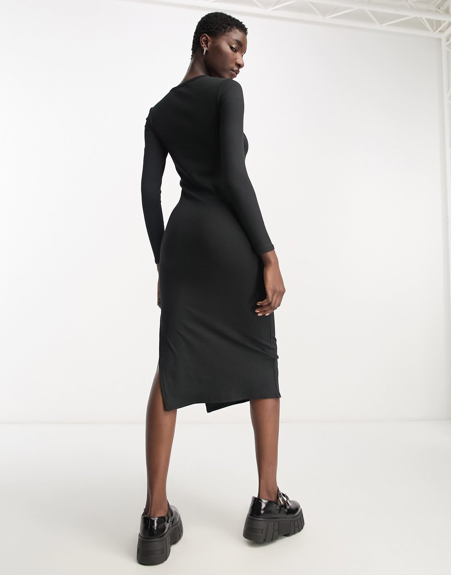 Bershka cut out neck ribbed bodycon midi dress in black