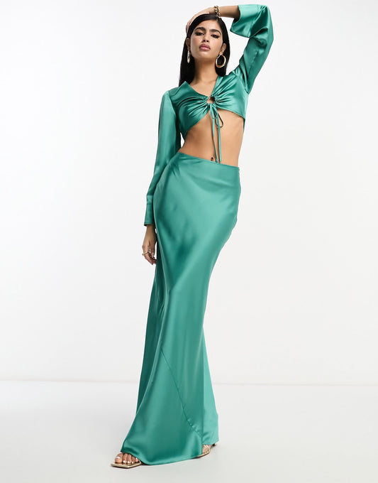 ASOS DESIGN satin bias maxi skirt co-ord in teal