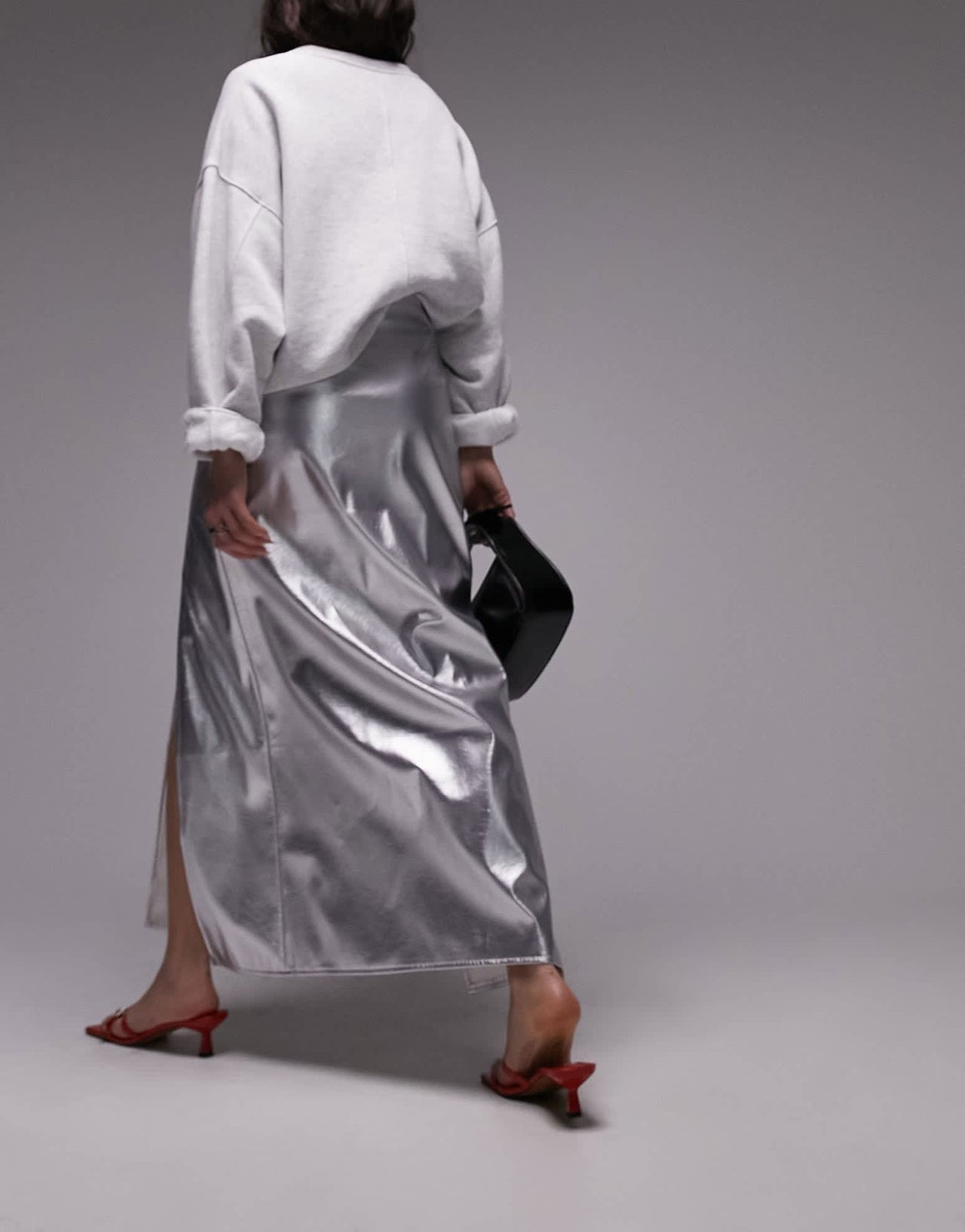 Topshop vinyl double split midi skirt in silver