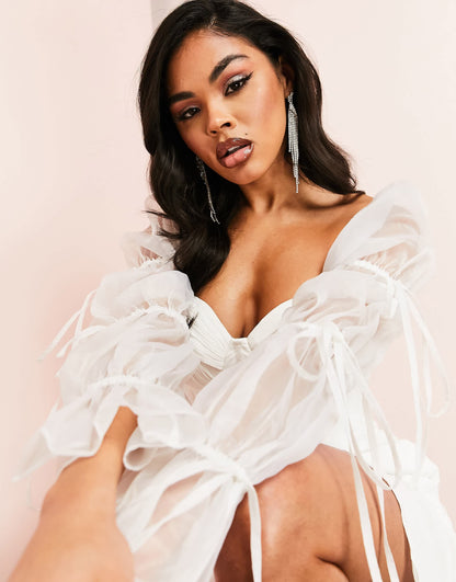 ASOS LUXE ruched mini dress with organza blouson sleeves and tie detail in white