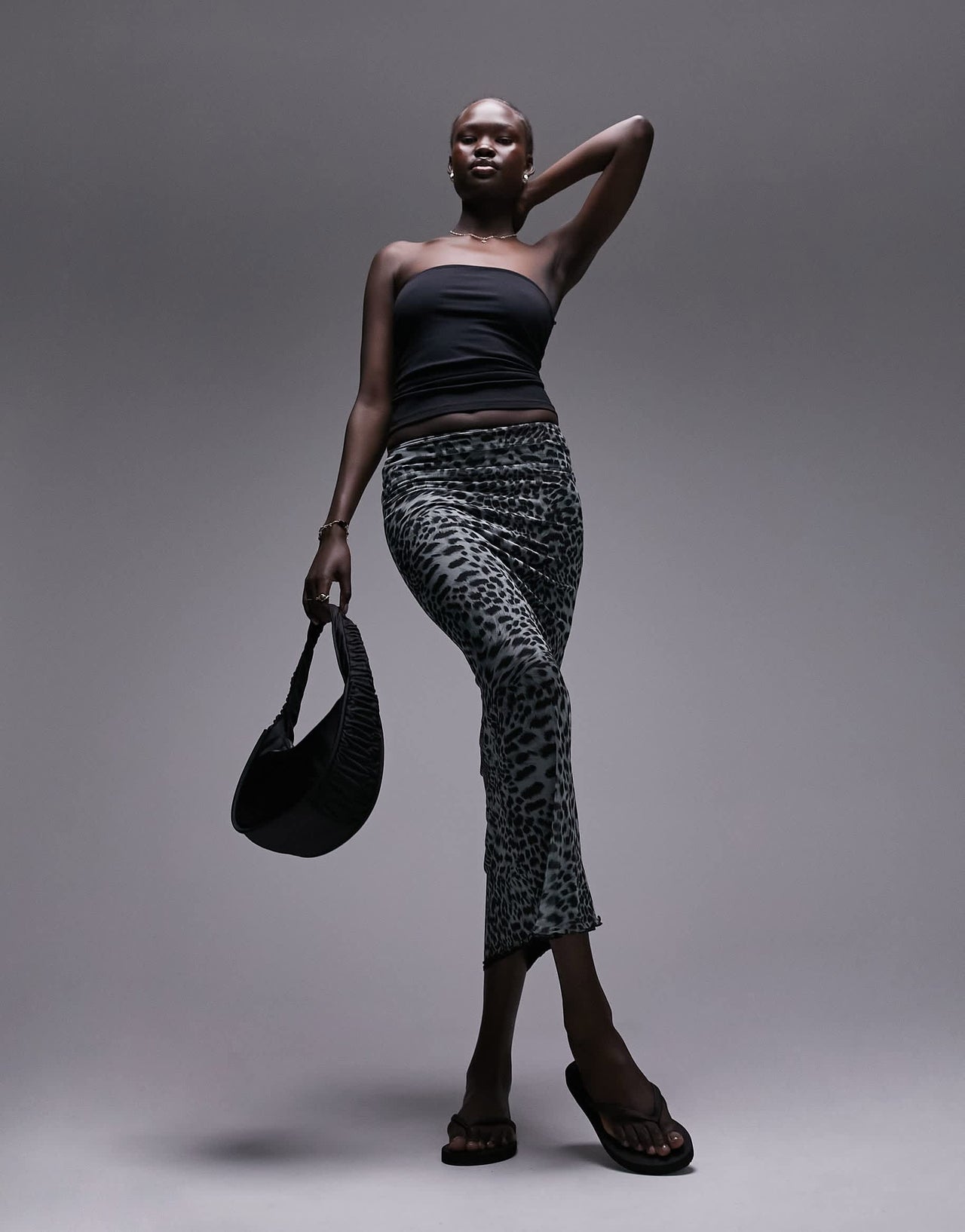 Topshop Tall mesh animal printed midi skirt in monochrome