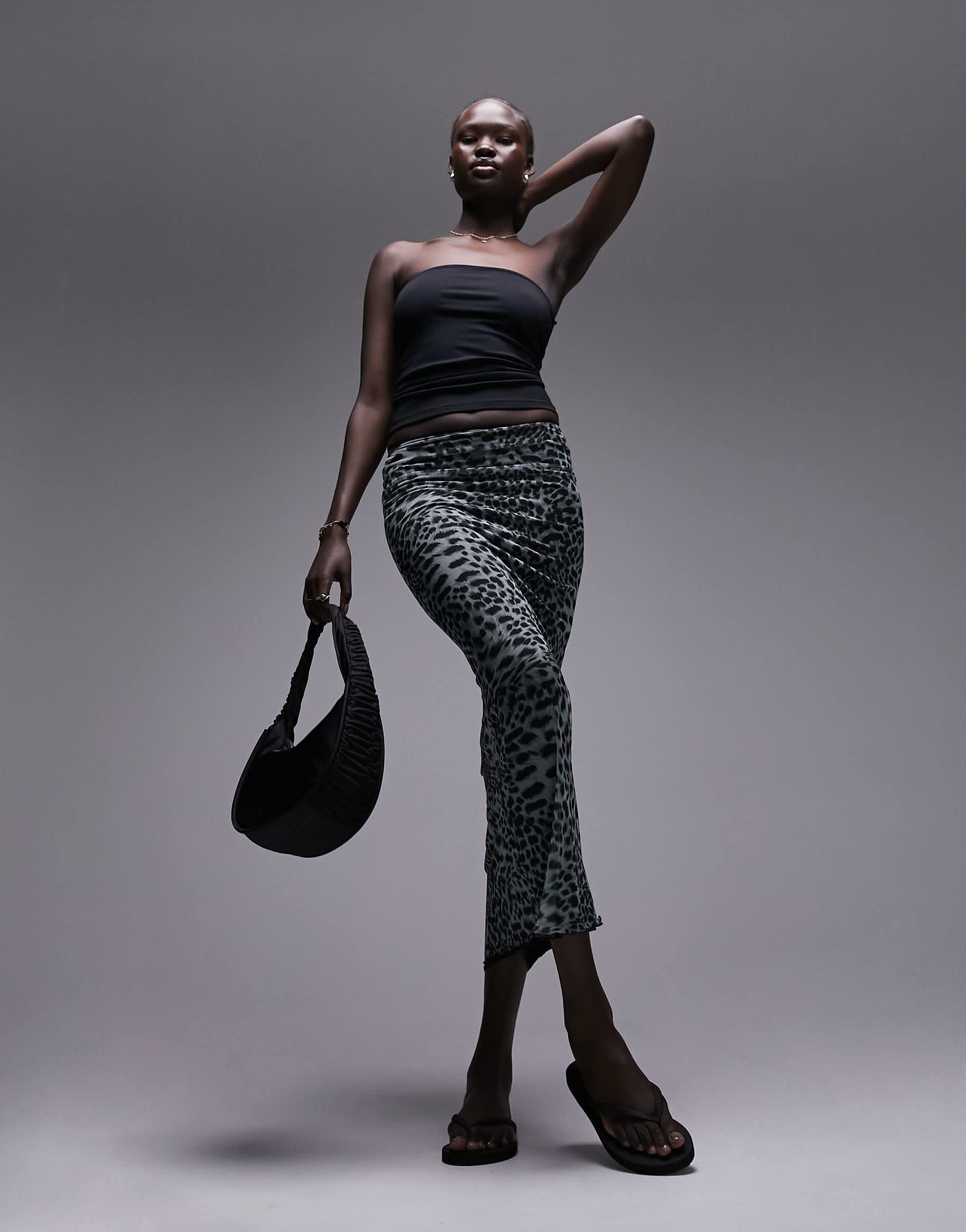 Topshop Tall mesh animal printed midi skirt in monochrome