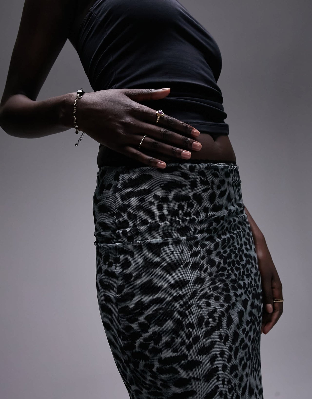 Topshop Tall mesh animal printed midi skirt in monochrome