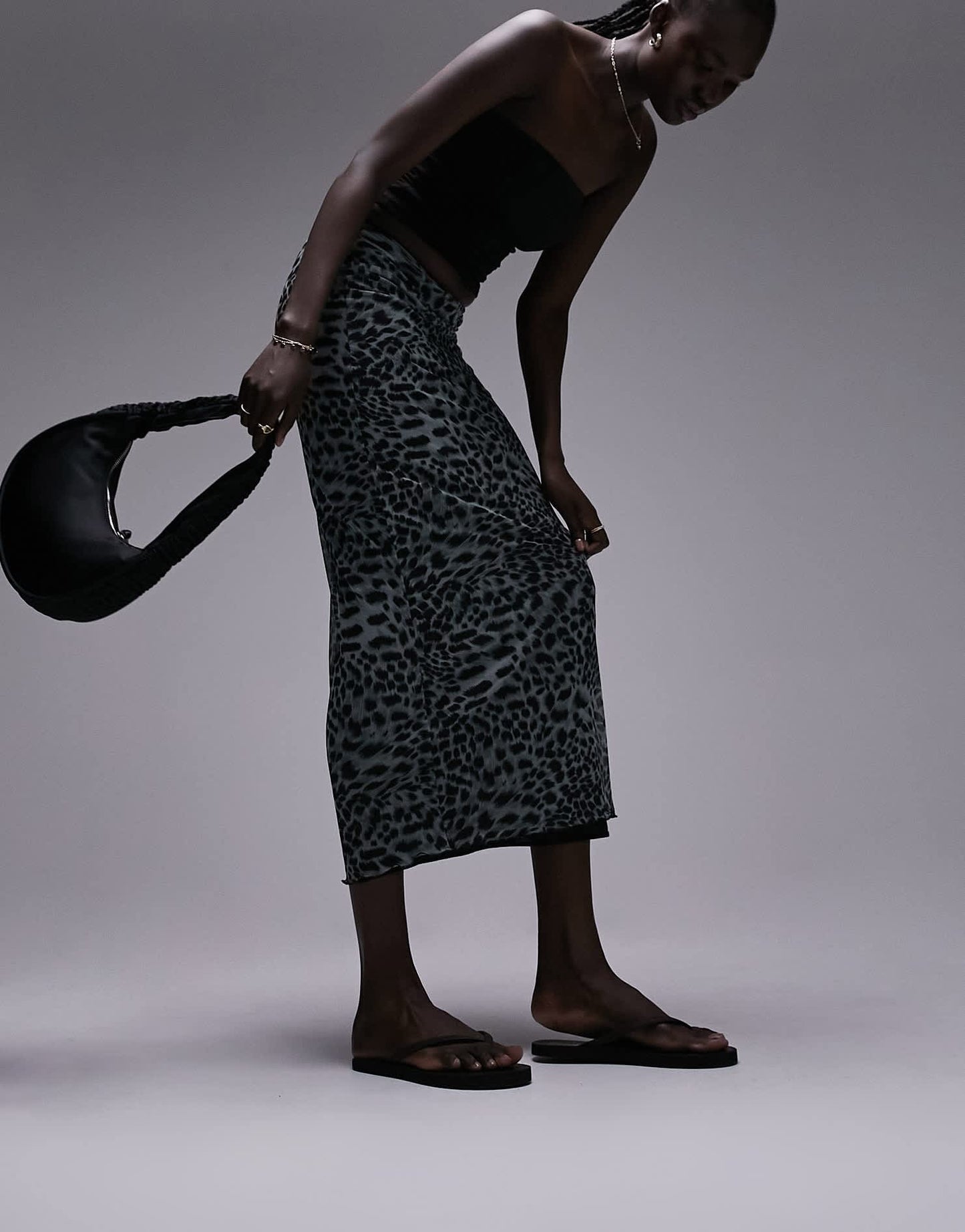 Topshop Tall mesh animal printed midi skirt in monochrome