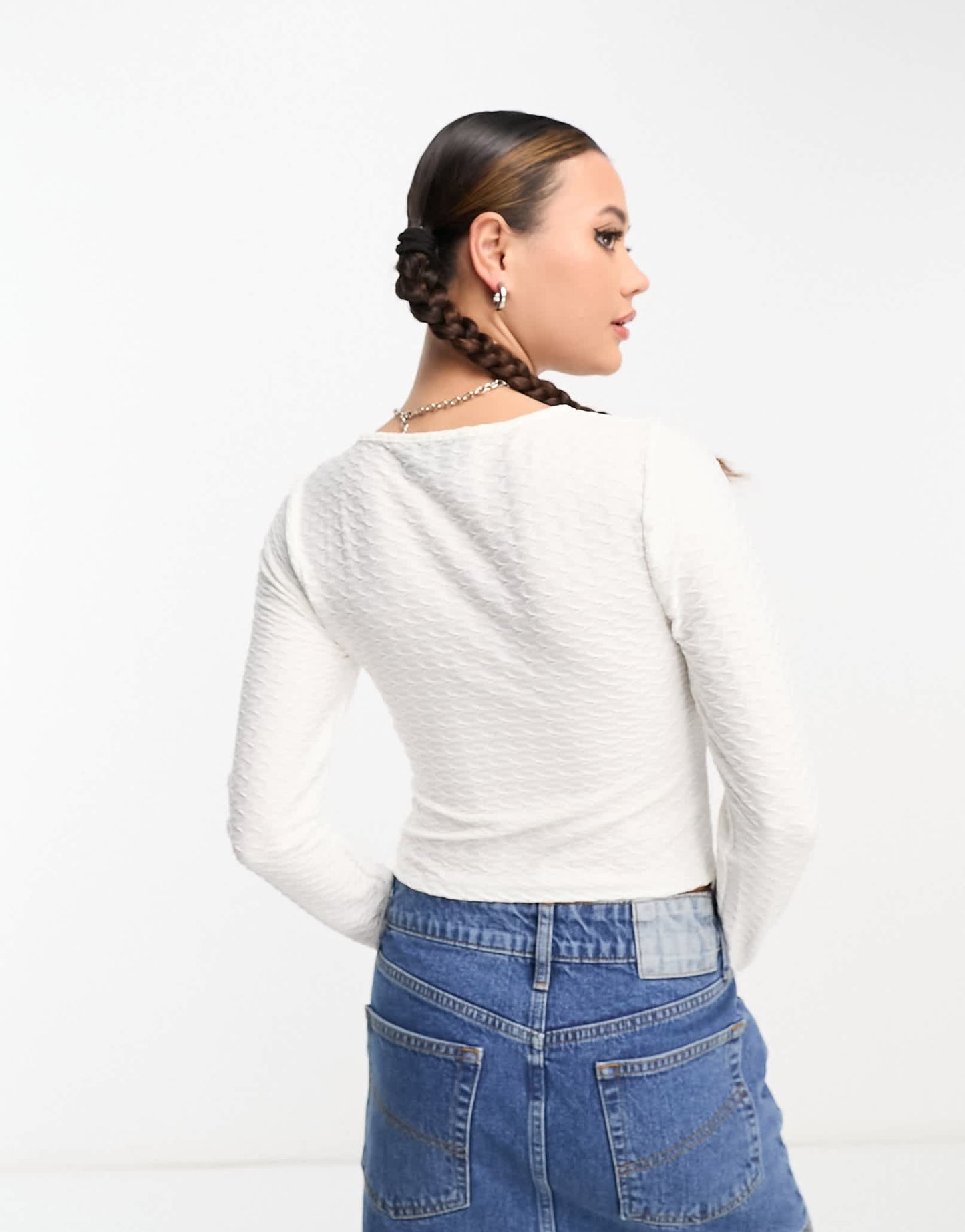 COLLUSION long sleeve textured cut out top in white