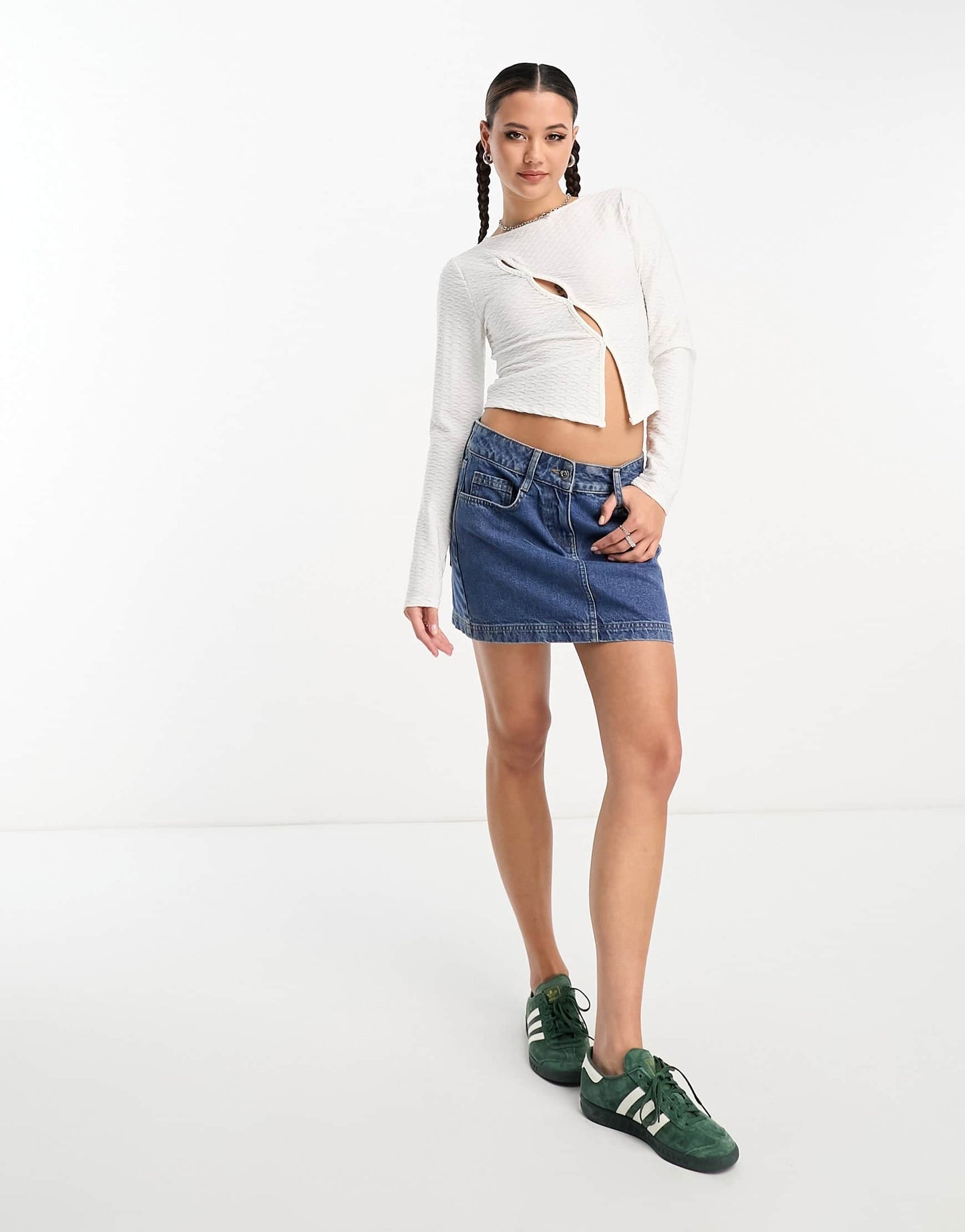 COLLUSION long sleeve textured cut out top in white
