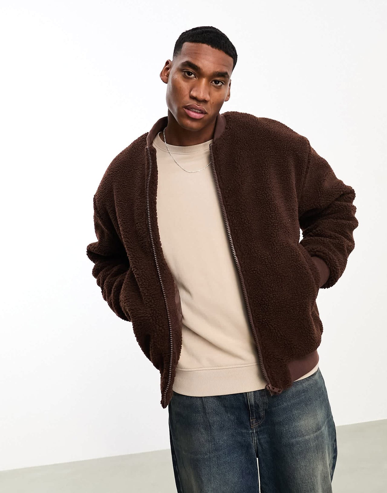 ASOS DESIGN borg bomber jacket in brown