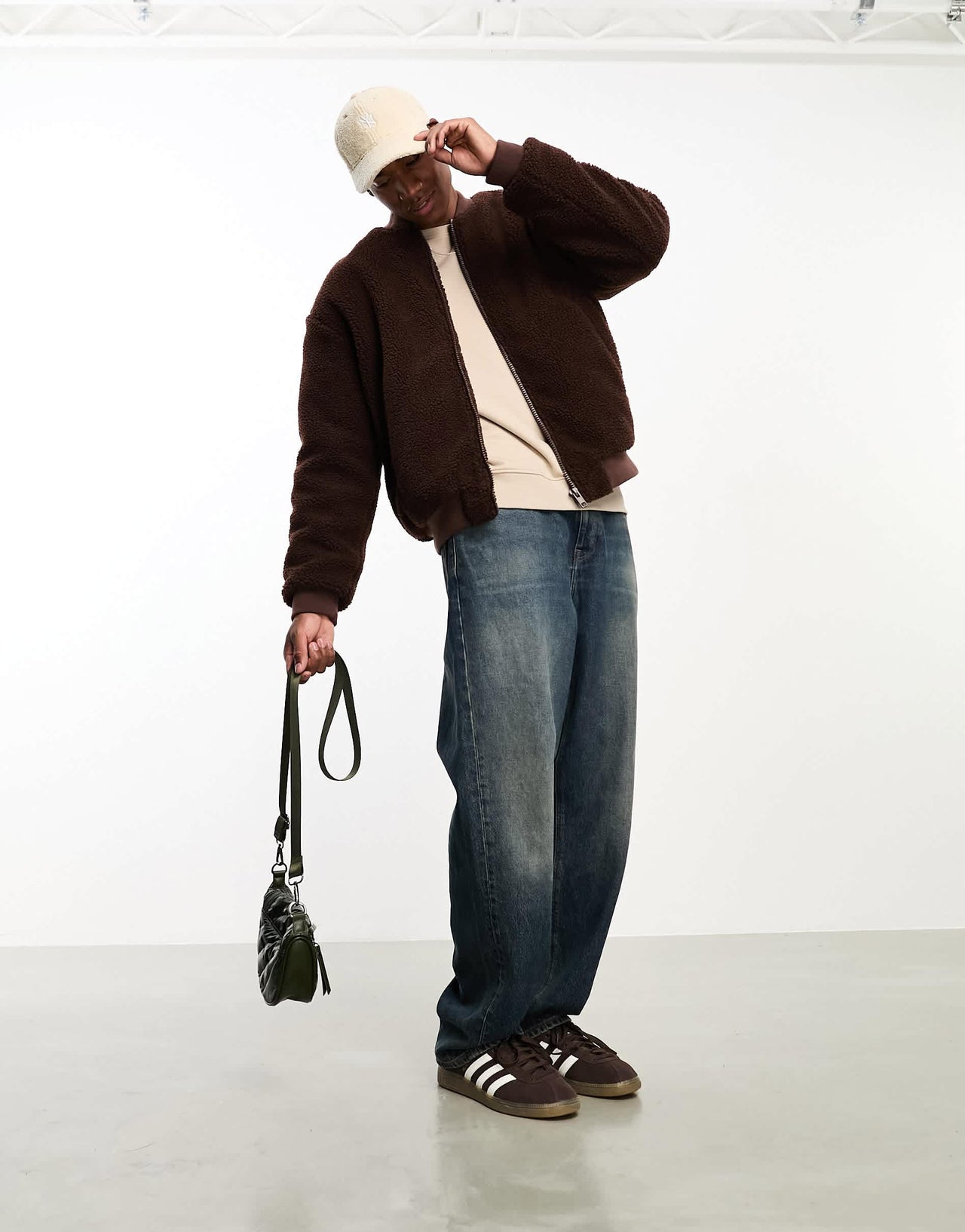 ASOS DESIGN borg bomber jacket in brown