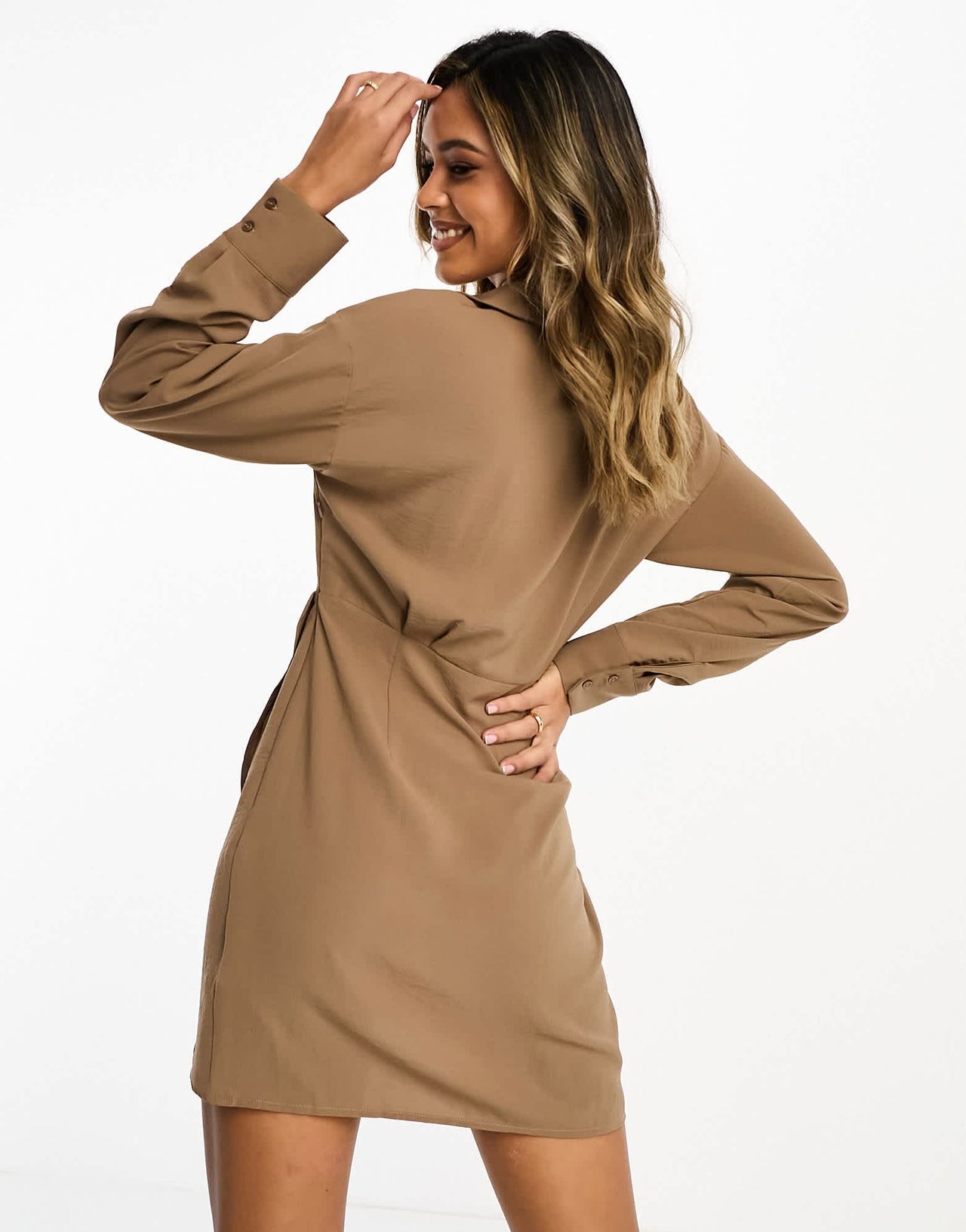 NA-KD shirt mini dress with overlap skirt in taupe