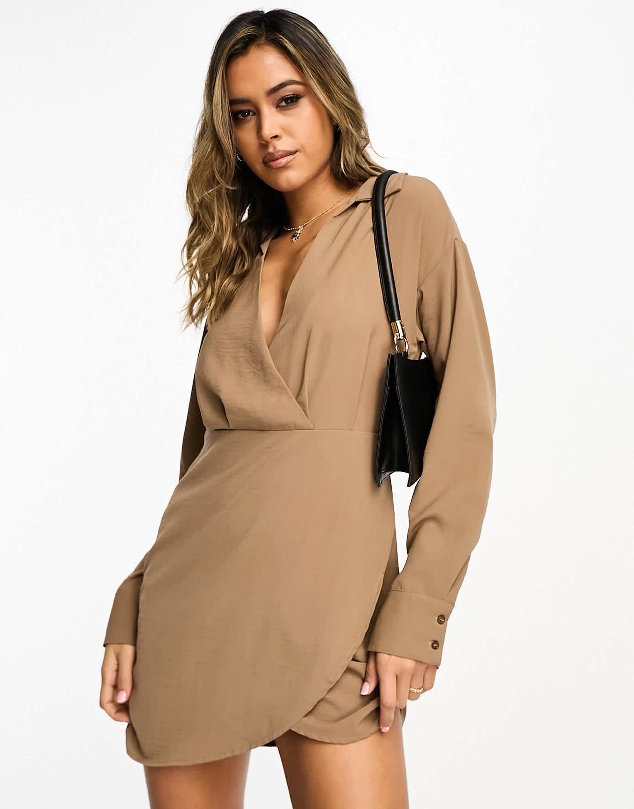 NA-KD shirt mini dress with overlap skirt in taupe