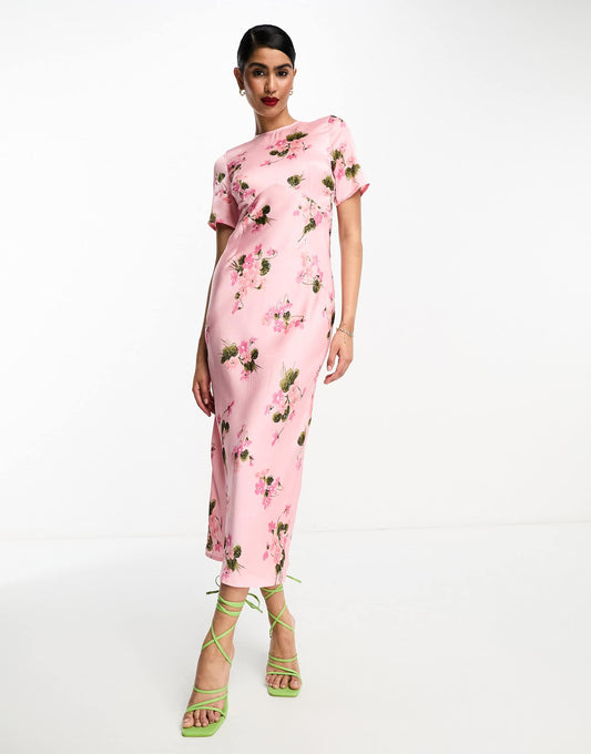 ASOS DESIGN satin midi tea dress with lace up back detail  in spaced rose floral
